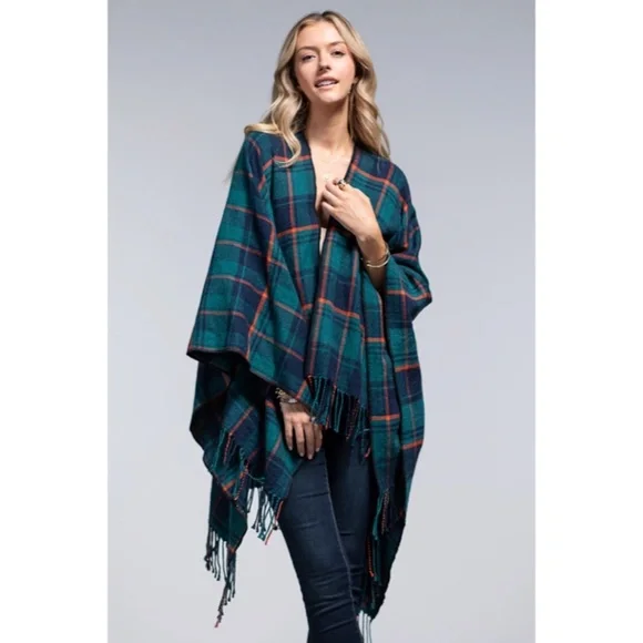 SOLD OUT Teal Plaid Blanket Ruana Knit Fall Winter Fringe Open Poncho Wrap - Picture 5 of 6